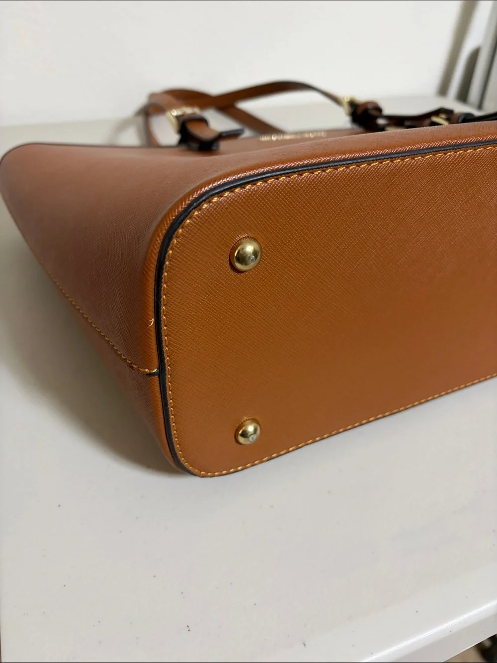 Fashion Tote Bag with Double Shoulder Strap and buckle accents Cognac